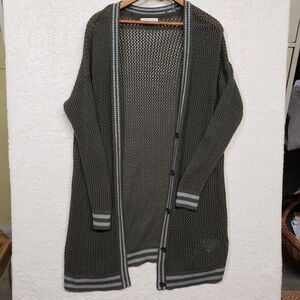 American Eagle Womens Crocheted Knit Green Grey Stripped Duster Cardigan Medium